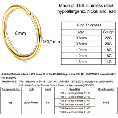 6x Nasenpiercing Ring Set 316L Chirurgenstahl Fake Nasenring Gold 18G-6mm