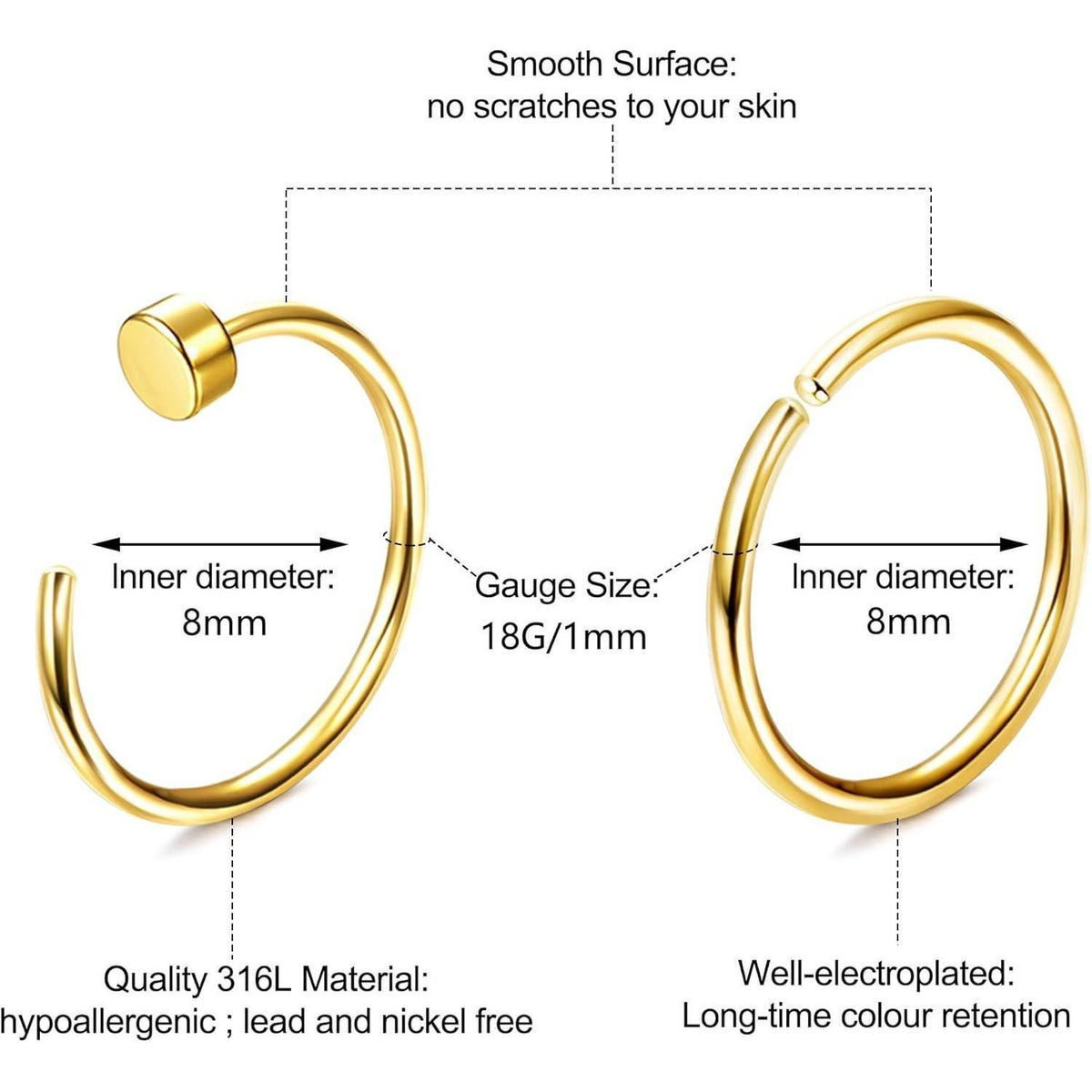 6x Nasenpiercing Ring Set 316L Chirurgenstahl Fake Nasenring Gold 18G-6mm