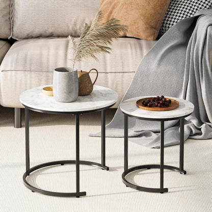Runder Couchtisch Set Schwarz Metall Marmor Style 2er Beistelltisch Modern
