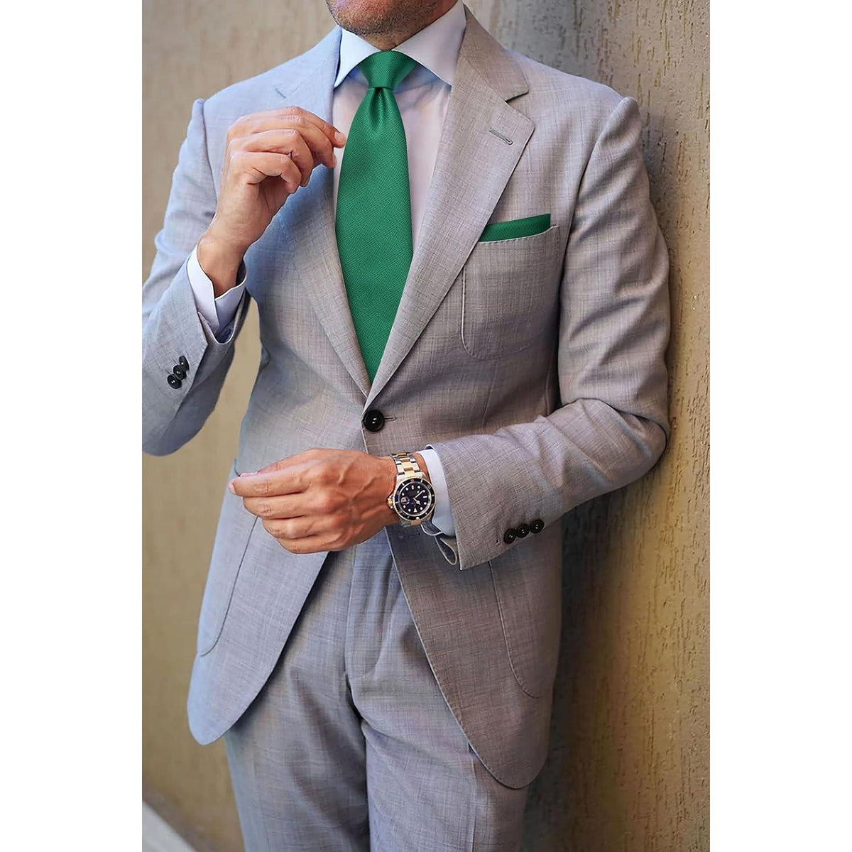 Herren Krawatten Set mit Einstecktuch, Grün, Elegant