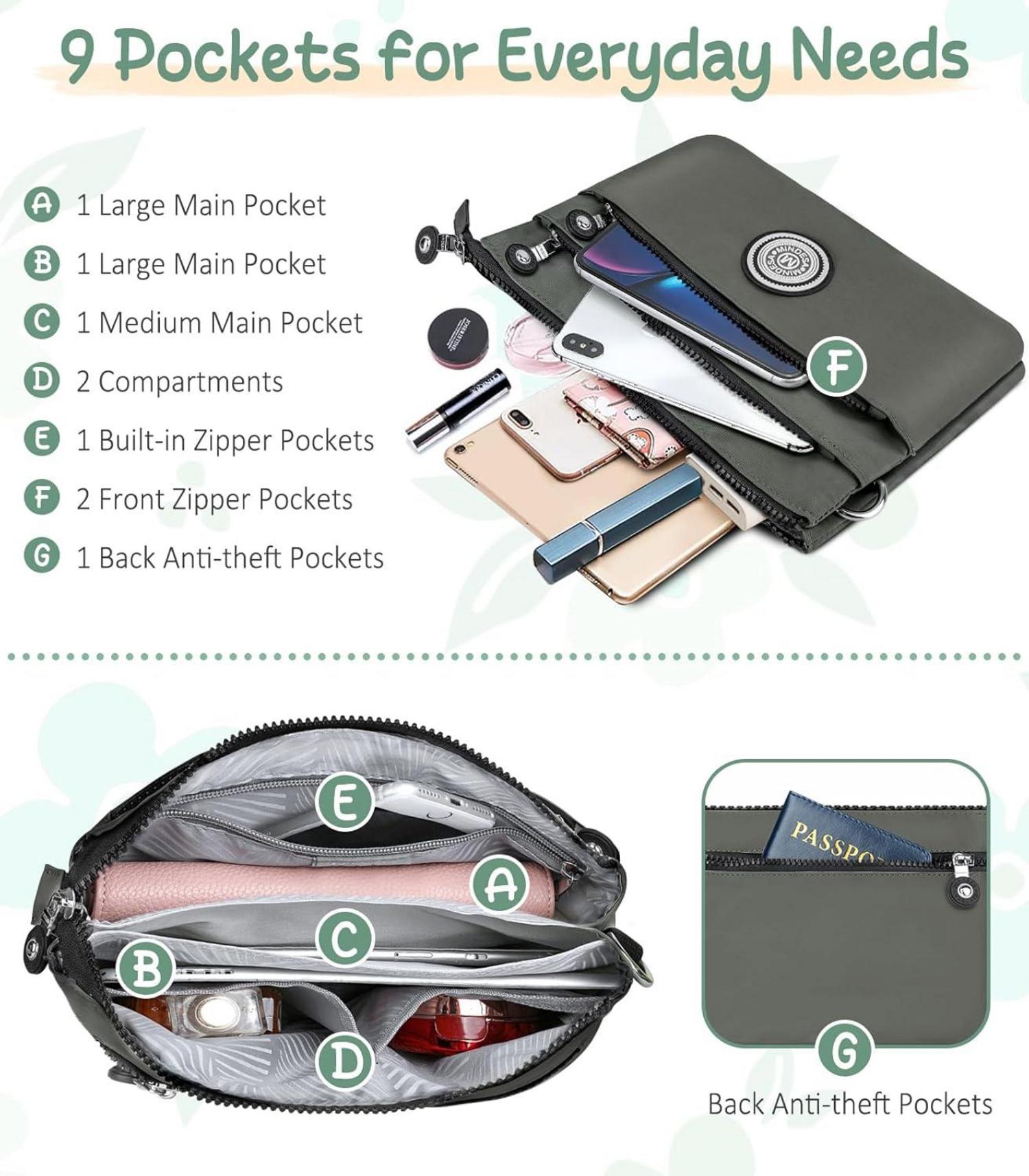 Umhängetasche Damen Nylon Wasserdicht Crossbody Bag Viel Fächer Grün