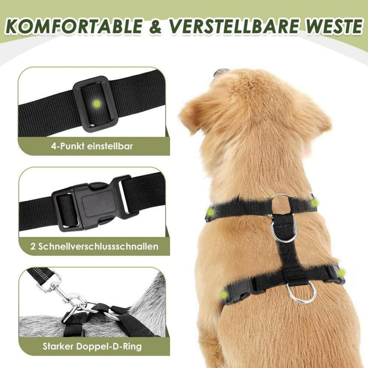 Hundegeschirr Auto Sicherheitsgurt Set – Atmungsaktiv, Grün, S