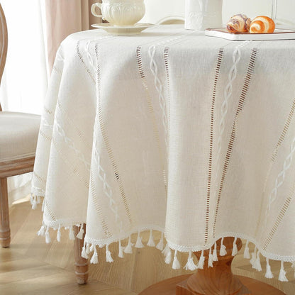 Böhmische Tischdecke rund, Makramee Leinen, 100cm, Elfenbeinweiß