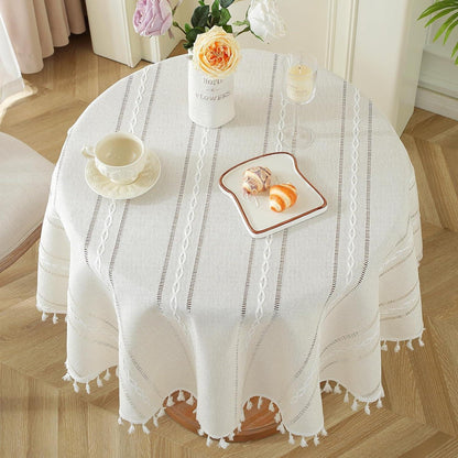 Böhmische Tischdecke rund, Makramee Leinen, 100cm, Elfenbeinweiß