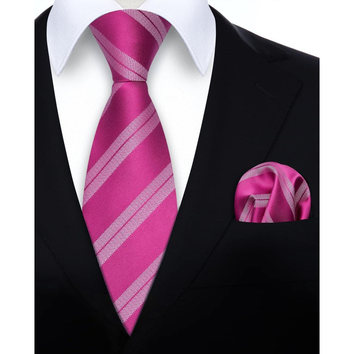 Herren Krawatten-Set mit Einstecktuch, Streifen, Heißes Rosa