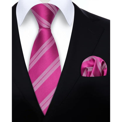 Herren Krawatten-Set mit Einstecktuch, Streifen, Heißes Rosa
