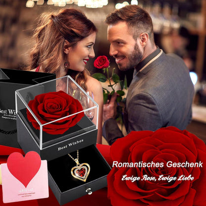 Ewige Rose mit Halskette, Konservierte Blume Geschenkbox Gold