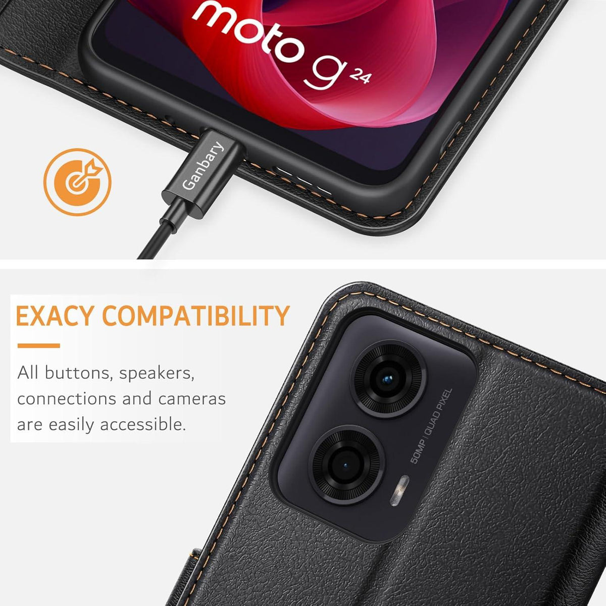 Leder Handyhülle mit Standfunktion für Motorola Moto G24 - Schwarz