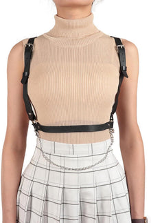 Damen Punk Leder Harness Body Schwarz Metallkette