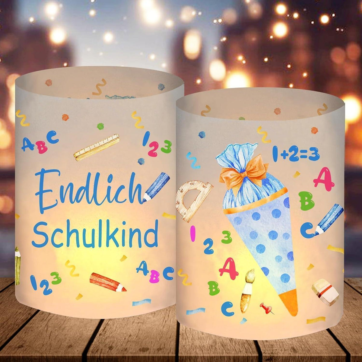 12 Windlichter Einschulung Junge Schultüte ABC Blau 2025