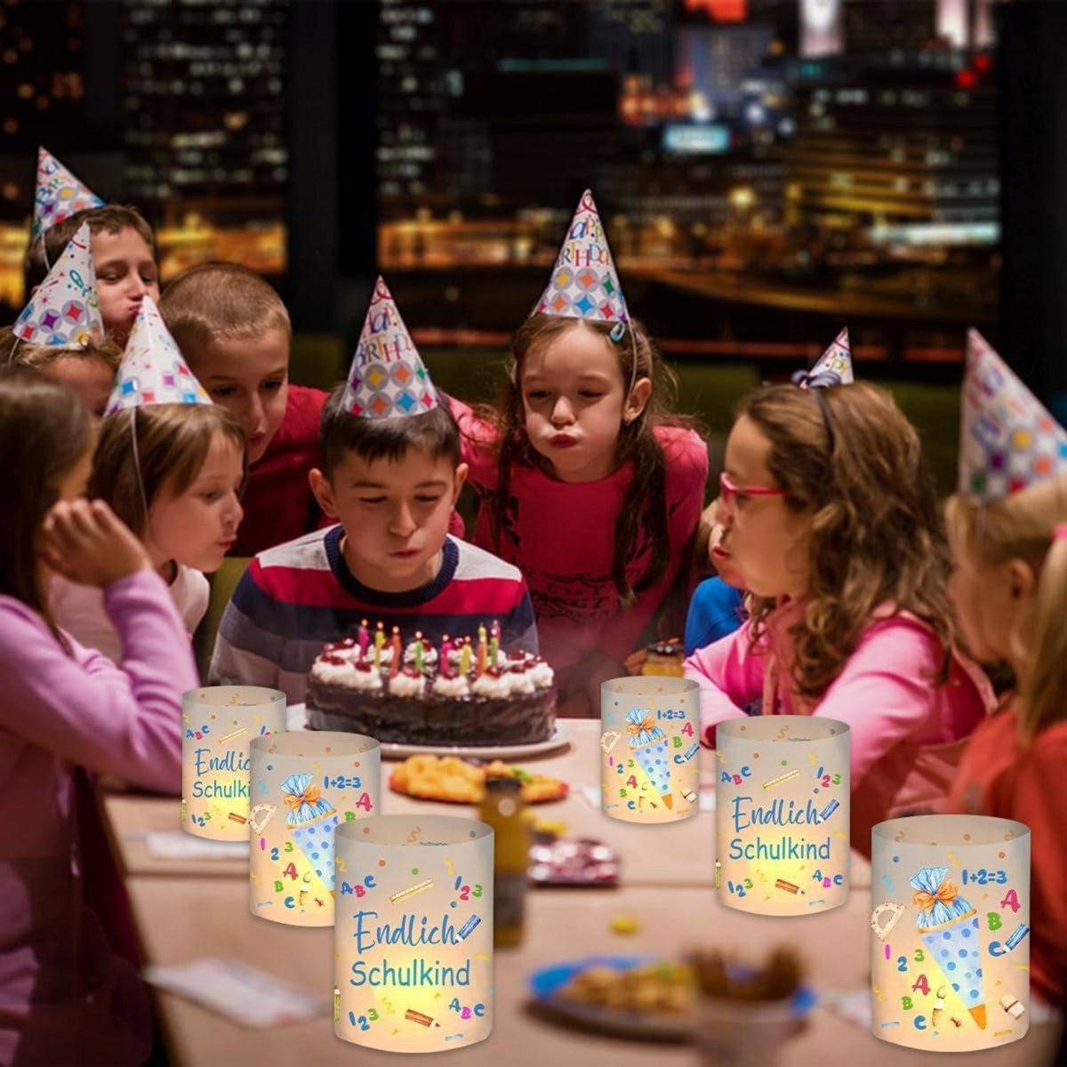12 Windlichter Einschulung Junge Schultüte ABC Blau 2025