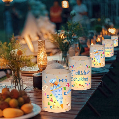 12 Windlichter Einschulung Junge Schultüte ABC Blau 2025