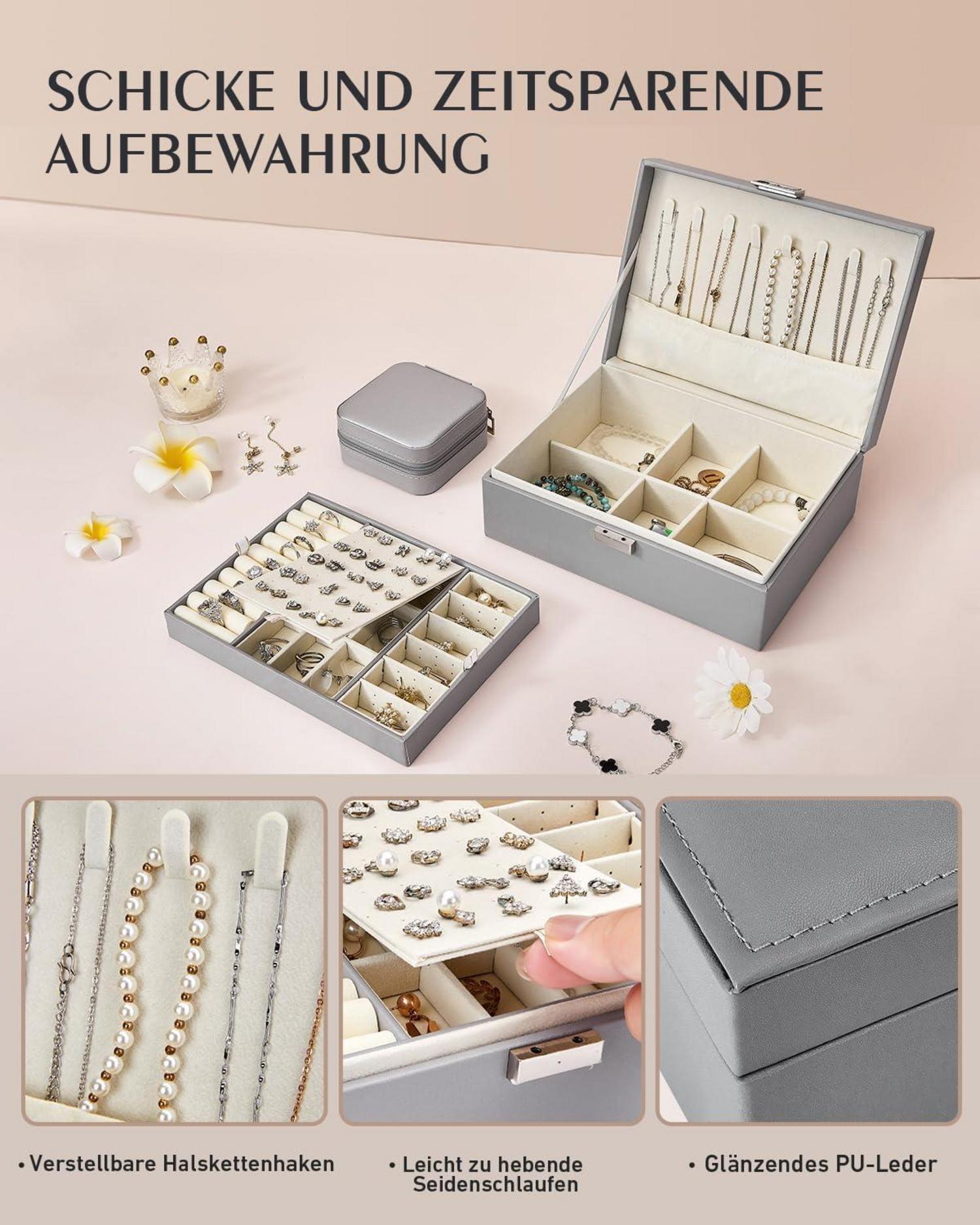Flamesio Schmuckkästchen Organizer 2er Pack Reise Set Grau