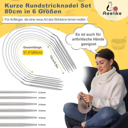 Rundstricknadel Set Edelstahl 80cm – 6 Größen (2,5-5,0mm)