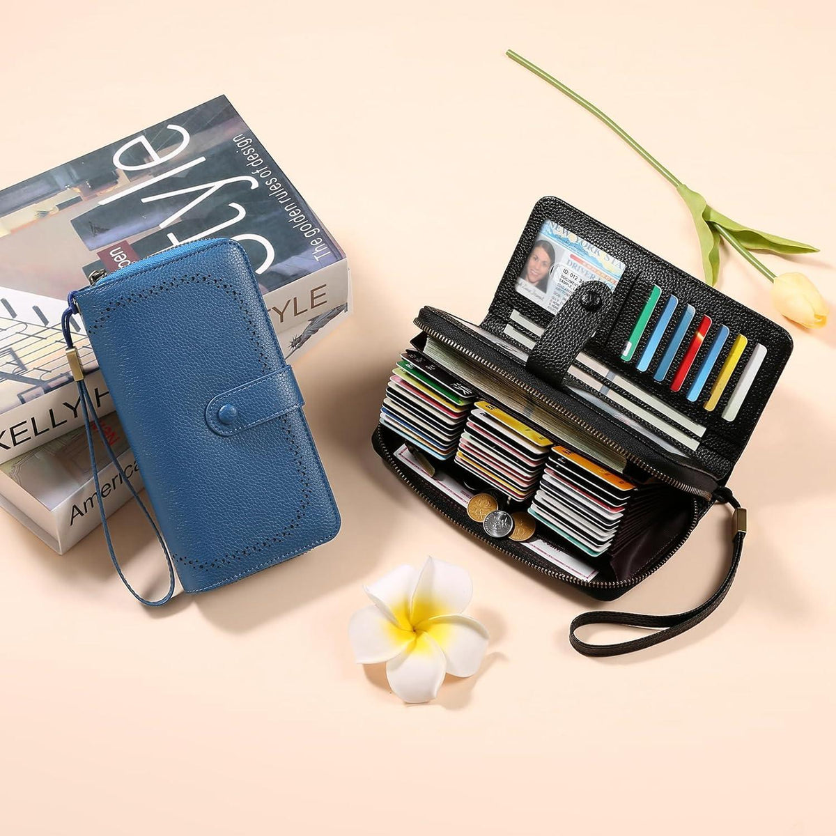 Damen Portemonnaie RFID Schutz Kartenetui Leder 36 Karten Geschenk Schwarz
