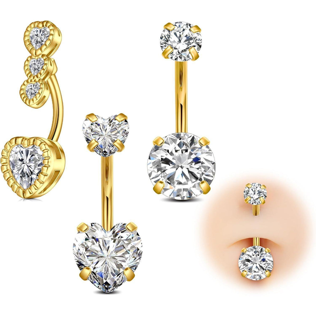 Bauchnabelpiercing 14G Chirurgenstahl Herz & Rund Zirkonia Silber/Gold