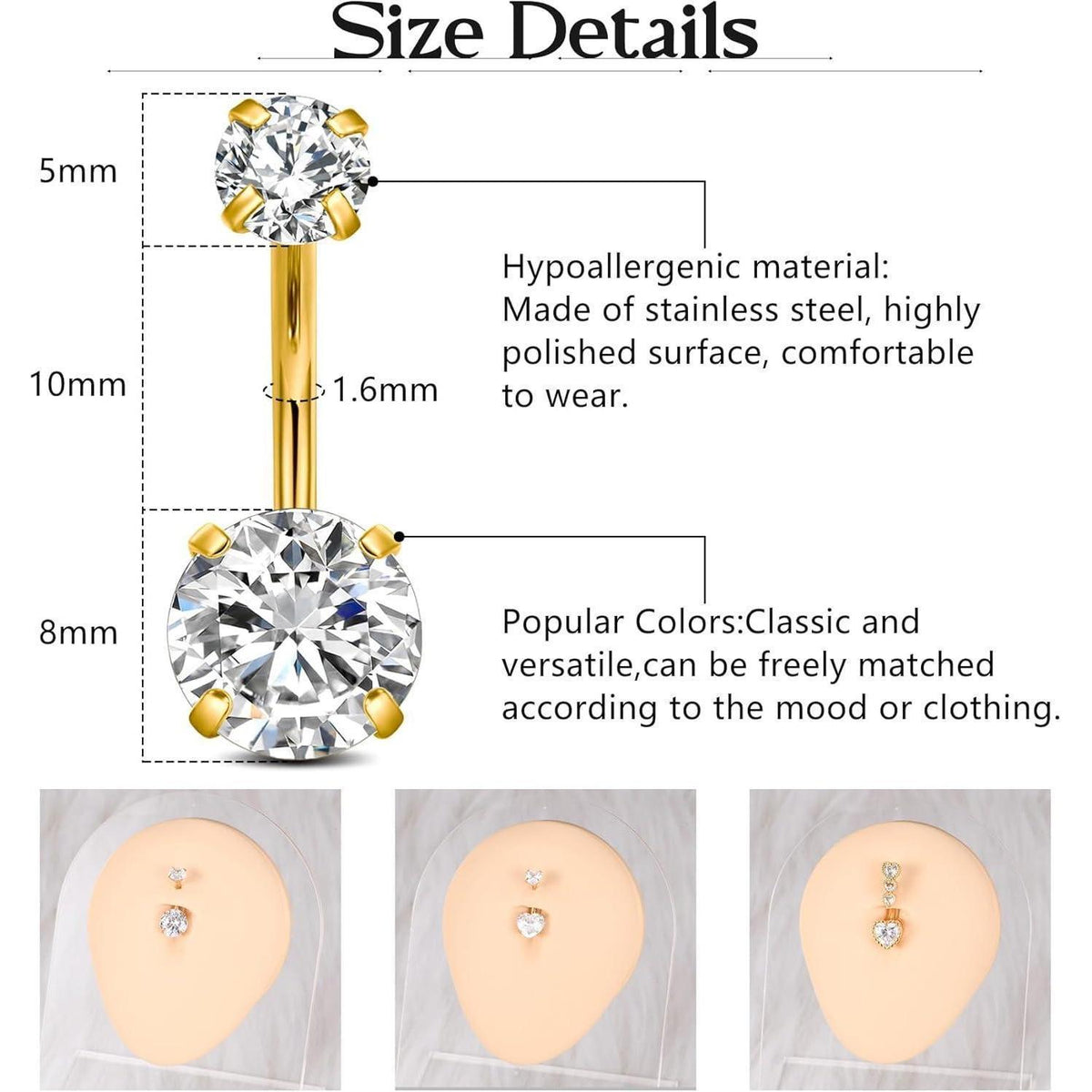 Bauchnabelpiercing 14G Chirurgenstahl Herz & Rund Zirkonia Silber/Gold