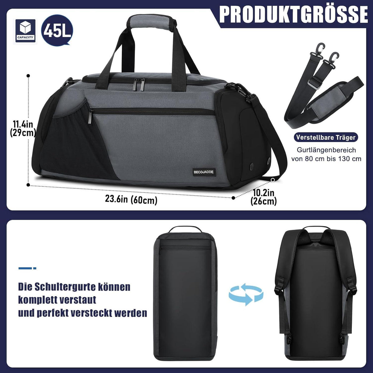 Große Sporttasche Herren 45L Rucksack mit Schuhfach Nassfach