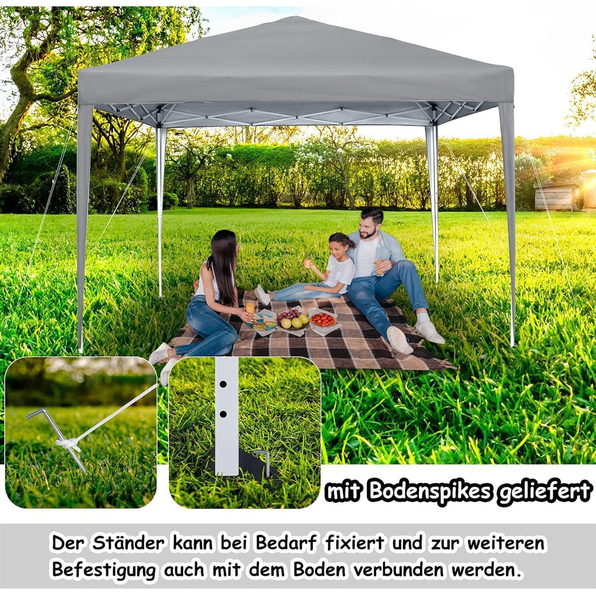 3x3m Faltpavillon mit Seitenteilen & Fenstern – Grau