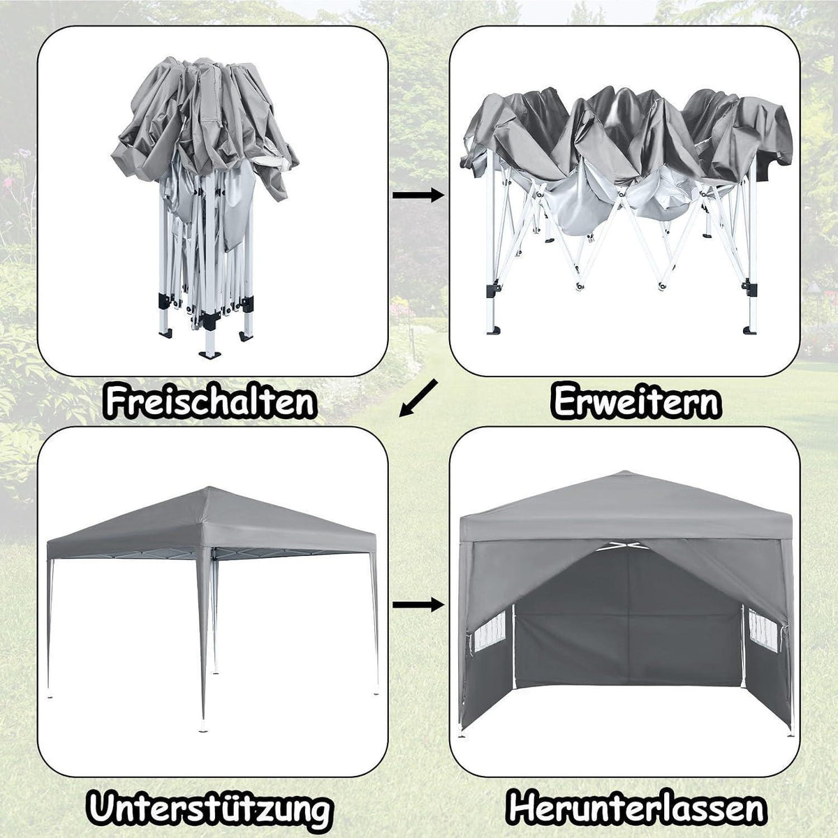 3x3m Faltpavillon mit Seitenteilen & Fenstern – Grau