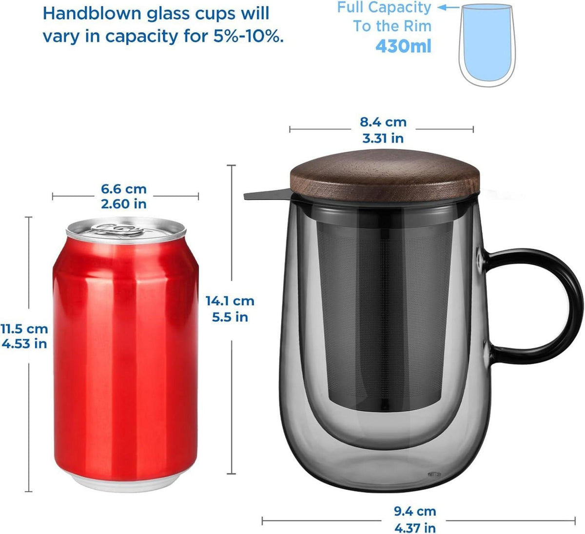 Doppelwandige Schwarz Glas Teetasse mit Metallsieb 430ml