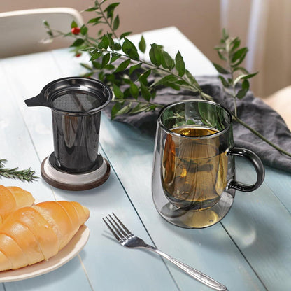 Doppelwandige Glas Teetasse 430ml Schwarz Borosilikat Glas mit Henkel