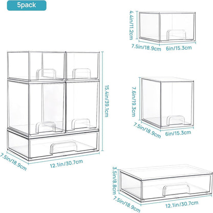 Aufbewahrungsboxen mit 5 Schubladen, transparent, stapelbar