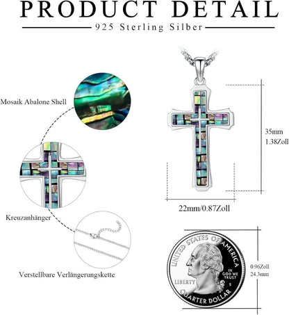 Herren Kreuz Kette 925 Sterling Silber Abalone Anhänger