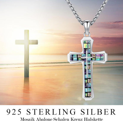 Herren Kreuz Kette 925 Sterling Silber Abalone Opal Malachit