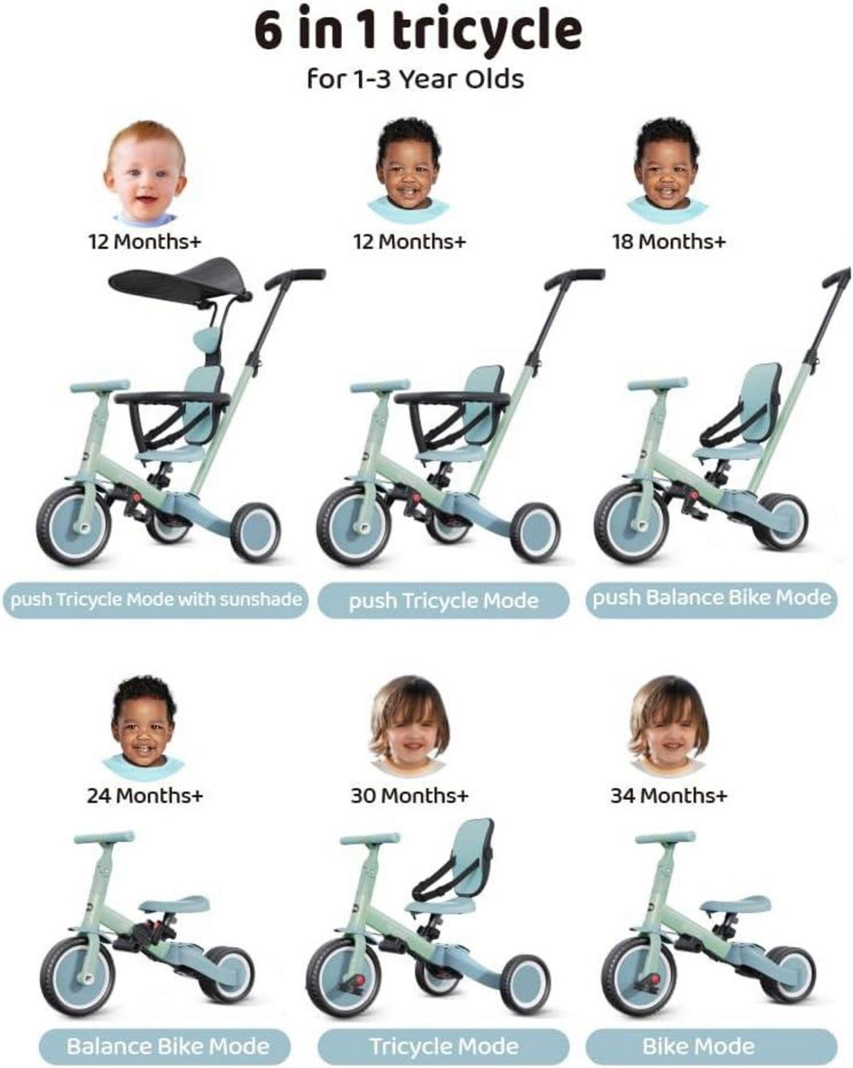 Newyoo 6 in 1 Dreirad mit Schubstange und Baldachin Grün