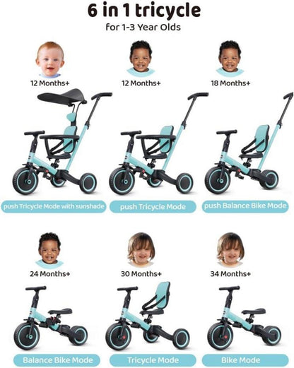 6-in-1 Dreirad für Kleinkinder | Laufrad mit Schubstange