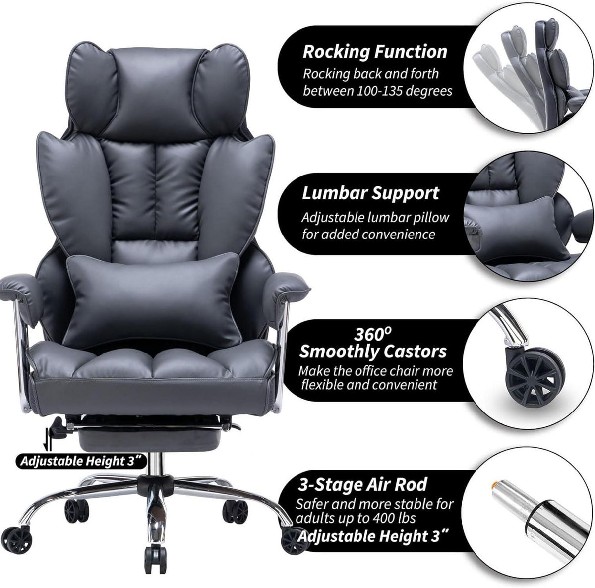 Ergonomischer Bürostuhl PU Leder schwarz Drehstuhl 200KG Fußstütze