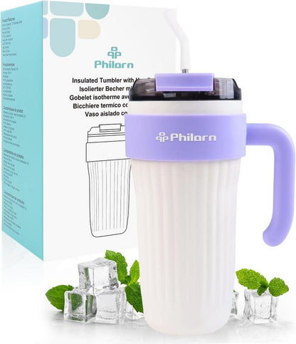 Thermobecher mit Griff und Strohhalm, 800ml Edelstahl Trinkbecher