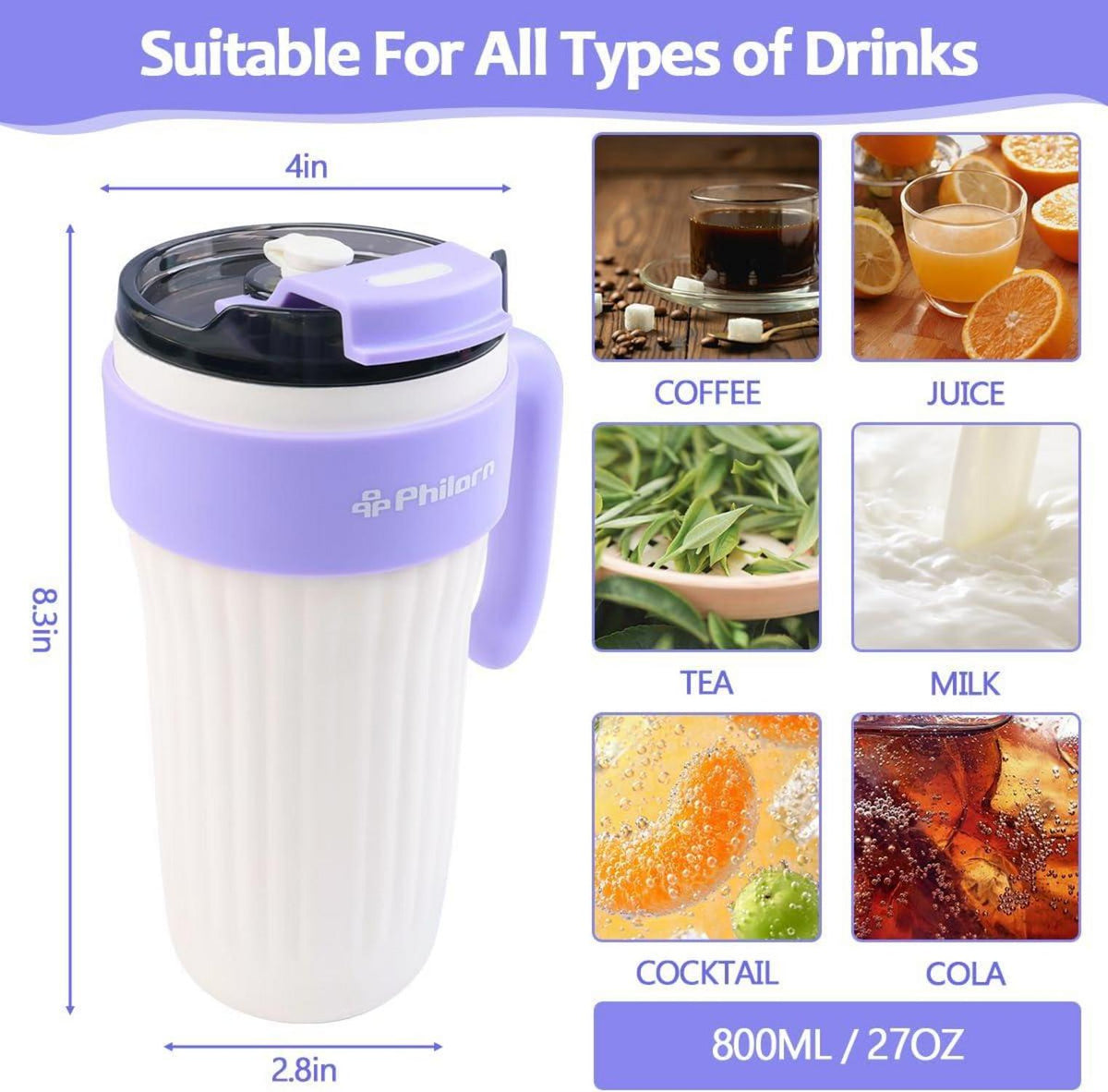 Thermobecher mit Griff und Strohhalm, 800ml Edelstahl Trinkbecher