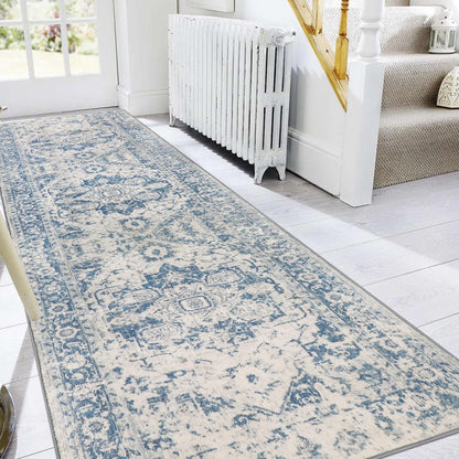 Läufer Flur Vintage Blau 80x300cm Rutschfest Waschbar