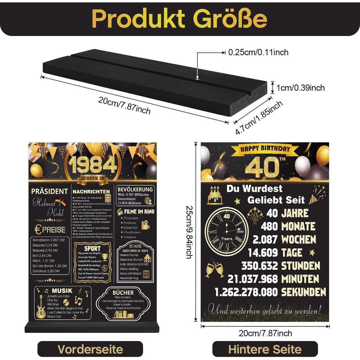 40. Geburtstag Deko 1984 Poster mit Acryl Tischzeichen & Holzständer