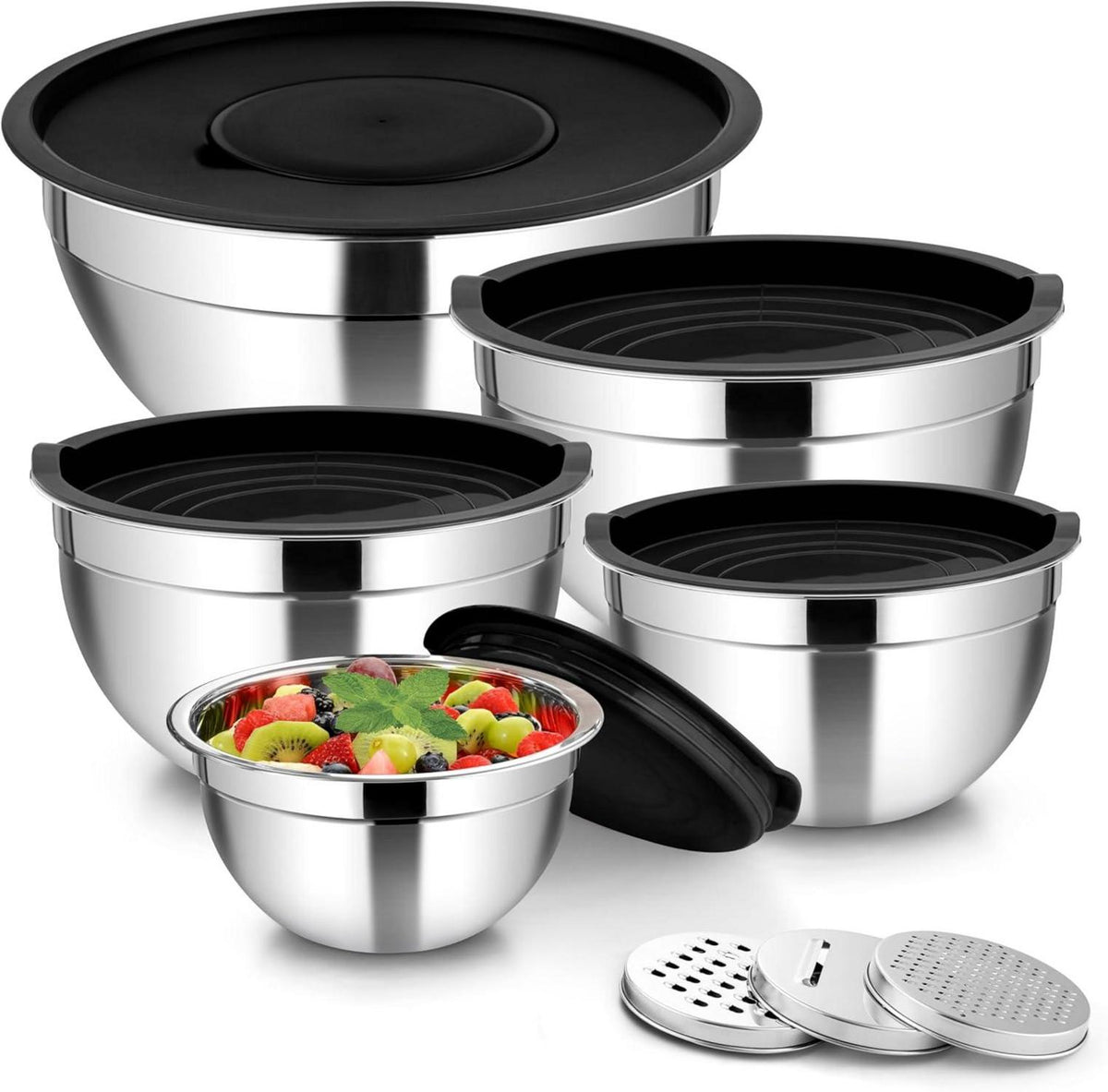 5-tlg Edelstahl Rührschüssel Set mit Deckel & Reibenaufsätzen