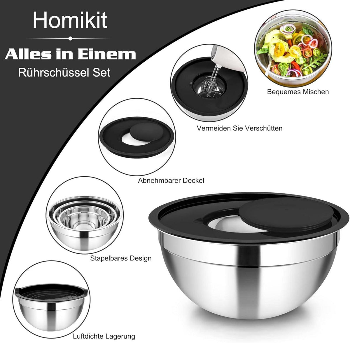 5-tlg Edelstahl Rührschüssel Set mit Deckel & Reibenaufsätzen