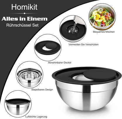 5-tlg Edelstahl Rührschüssel Set mit Deckel & Reibenaufsätzen