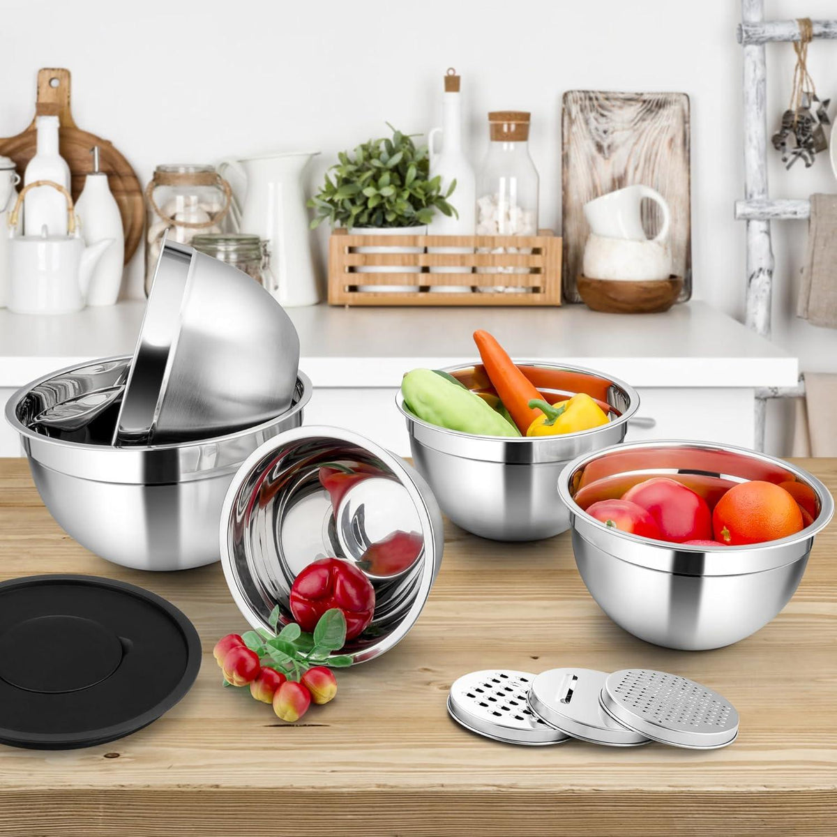 Homikit 5-tlg Edelstahl Rührschüssel Set mit Deckel Reibeinsätzen