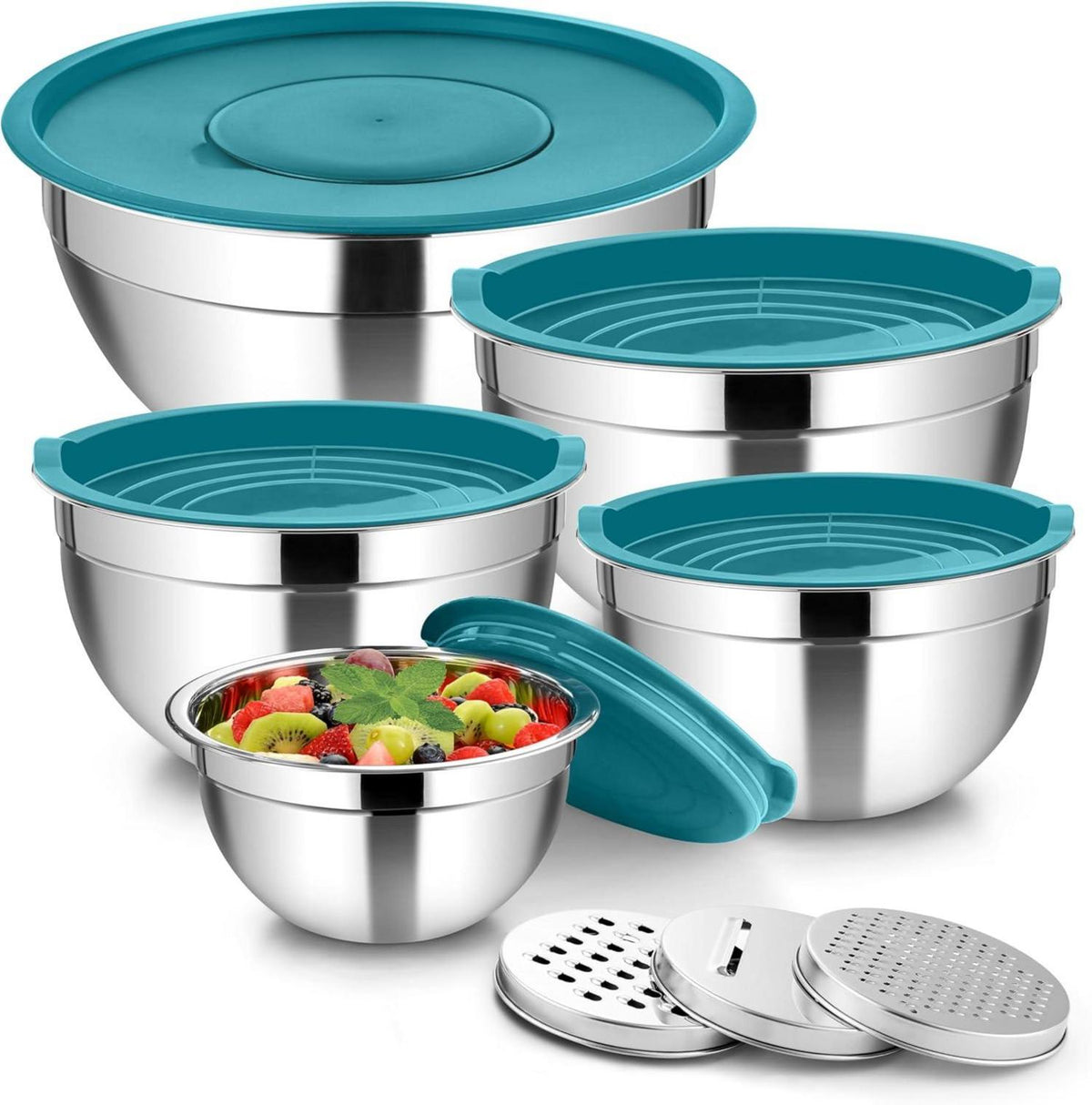 Edelstahl Schüssel Set mit 3 Reibenaufsätzen, 5-tlg, Blau