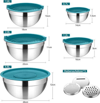 Homikit Edelstahl Rührschüssel Set mit Reibenaufsätzen