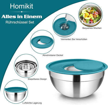 Edelstahl Schüssel Set mit 3 Reibenaufsätzen, 5-tlg, Blau