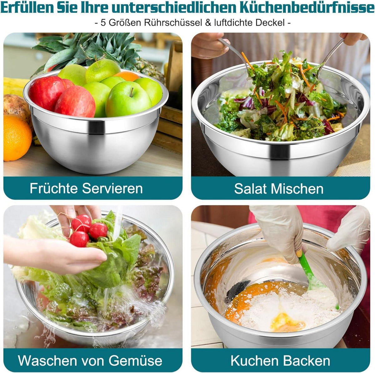 Homikit 5-tlg Edelstahl Rührschüsselset mit Deckel und Reibenaufsätzen, Blau