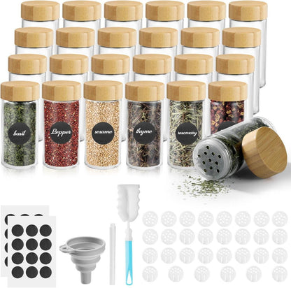 24er Set Gewürzgläser mit Streueinsatz, Etiketten, Trichter, Bürste