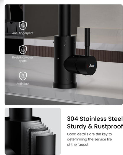Moderne Schwarze Küchenarmatur mit 3 Strahlarten - Hochwertige Mischbatterie aus Edelstahl - 360° Drehbarer Wasserhahn