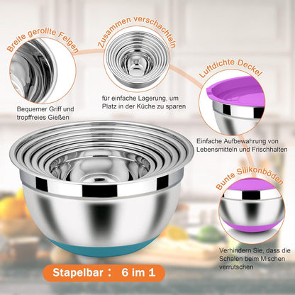Homikit Edelstahl Rührschüssel Set mit Reibeinsätzen und Deckel, stapelbar, bunt - 6-teilig