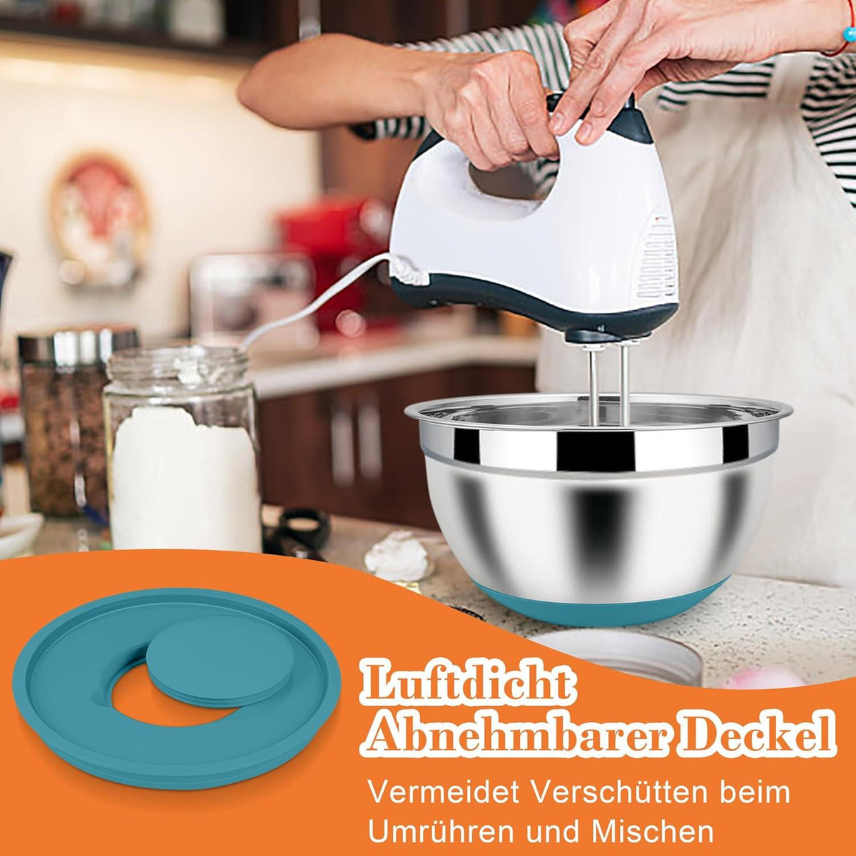 Rührschüssel Set 6er Edelstahl Salatschüssel Reibeaufsätzen Deckel 4,6L 2,8L