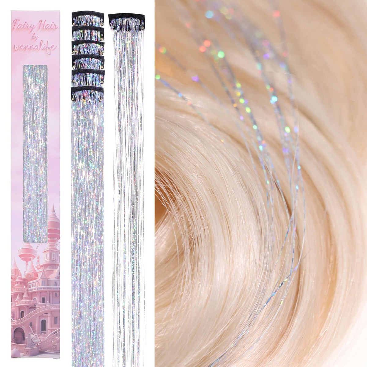 Silbernes Haar Lametta Clip-In Set – Glitzer Haarsträhnen 60cm