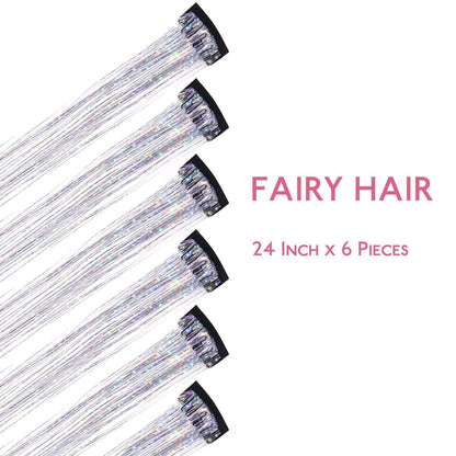 Silbernes Haar Lametta Clip-In Set – Glitzer Haarsträhnen 60cm